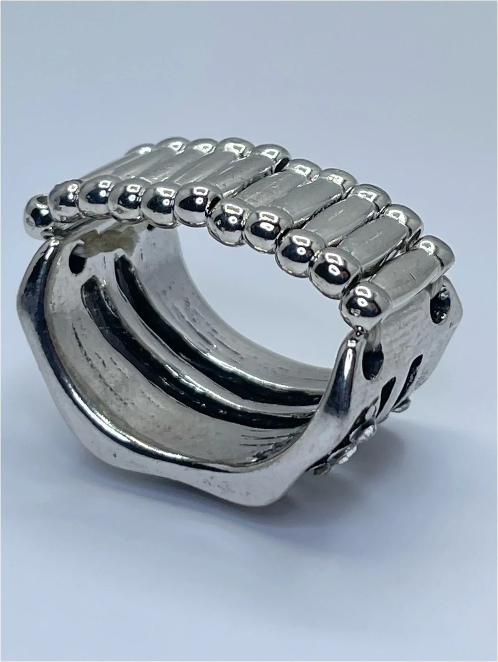 Silver Tone Crystal Stretch Ring Wide Band Statement Ring